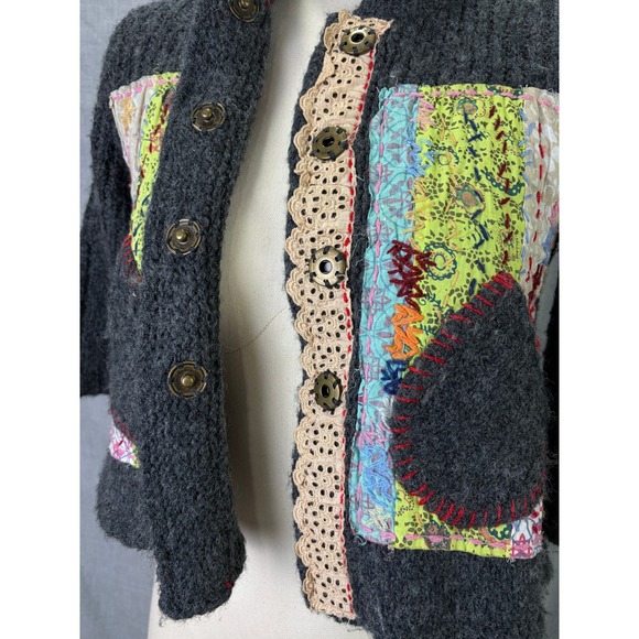 Free People Wool Blend Patchwork Jacket Art Knit Funnel Neck Boho Festival XS - Picture 7 of 12